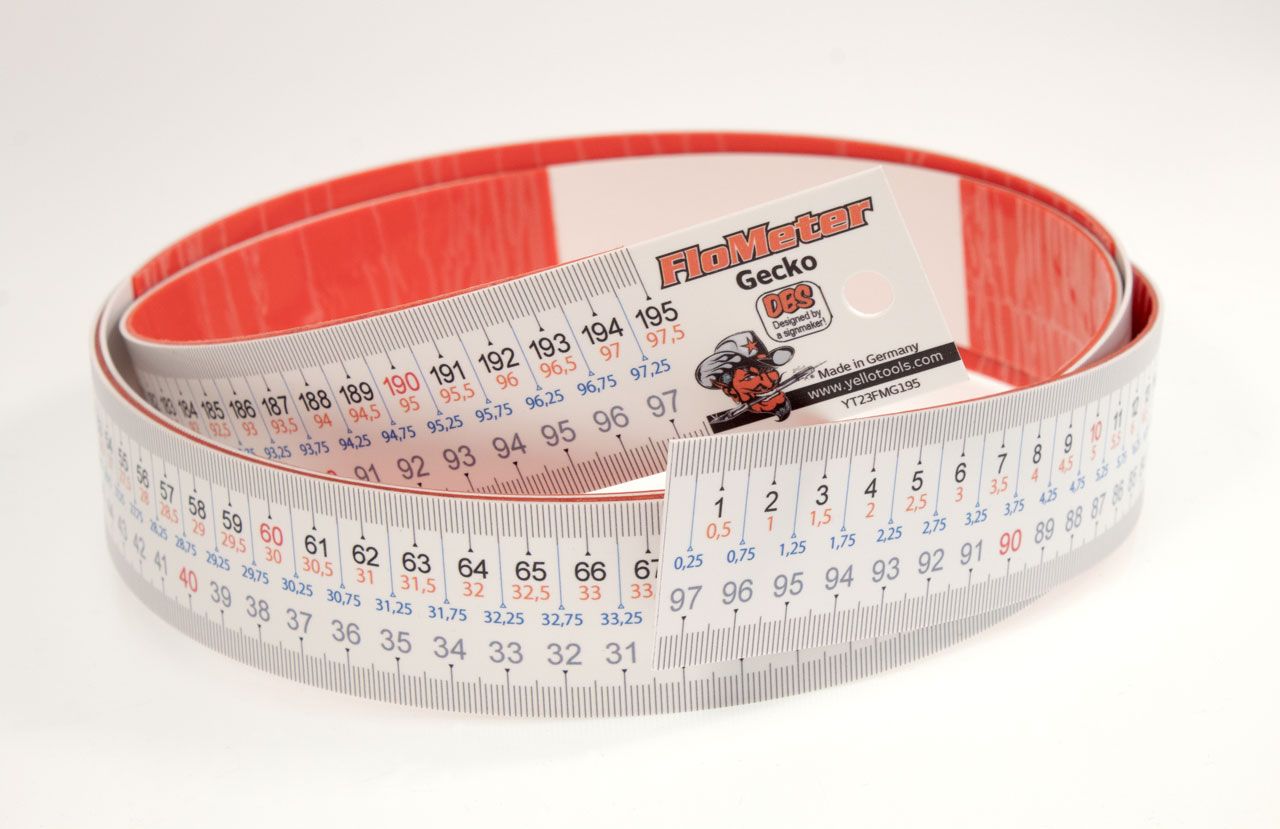 Yellotools FloMeter Gecko | selbsthaftendes Maßband mit mehreren Skalen